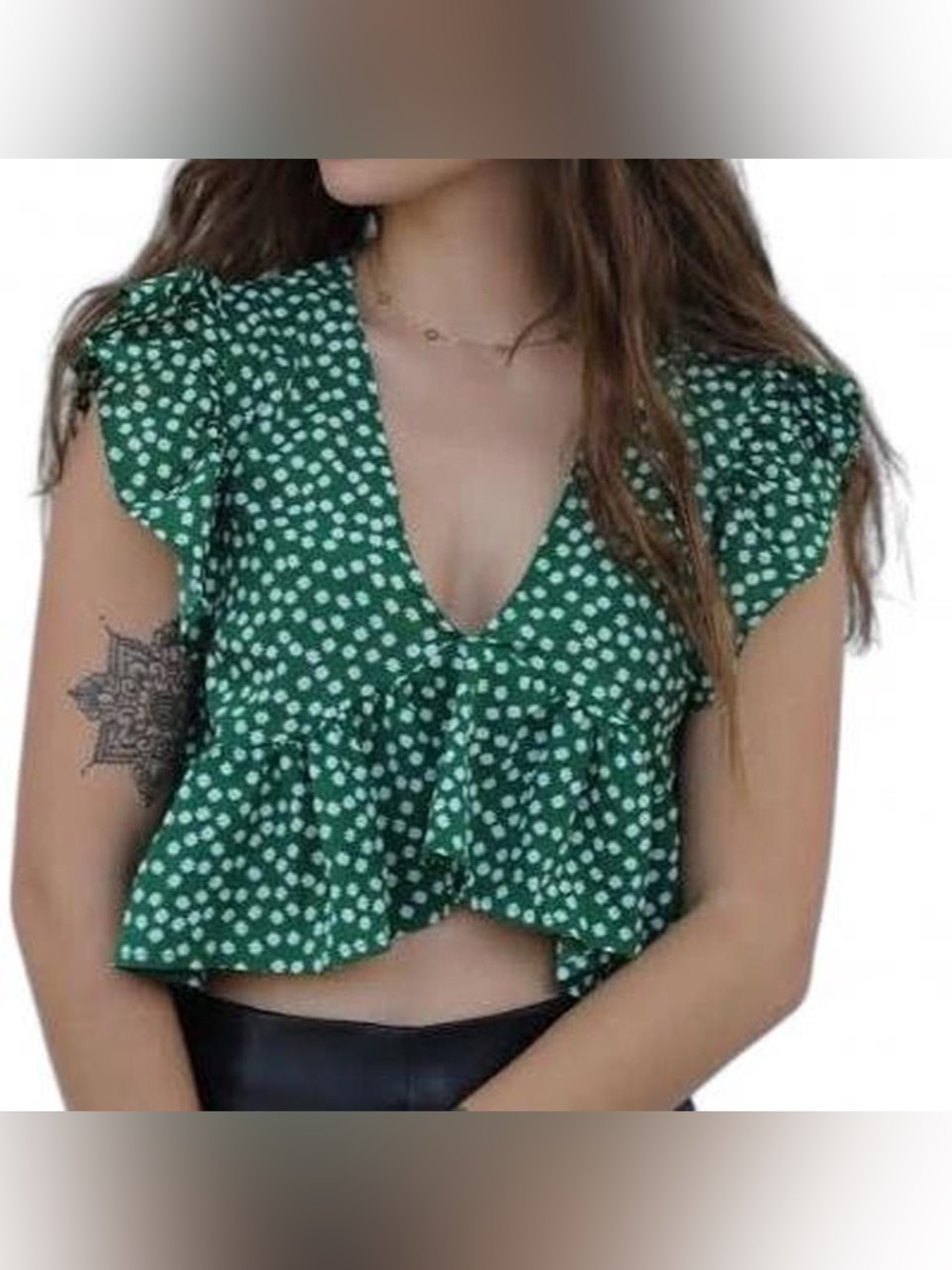 Green Floral Tie-Front Ruffle Blouse